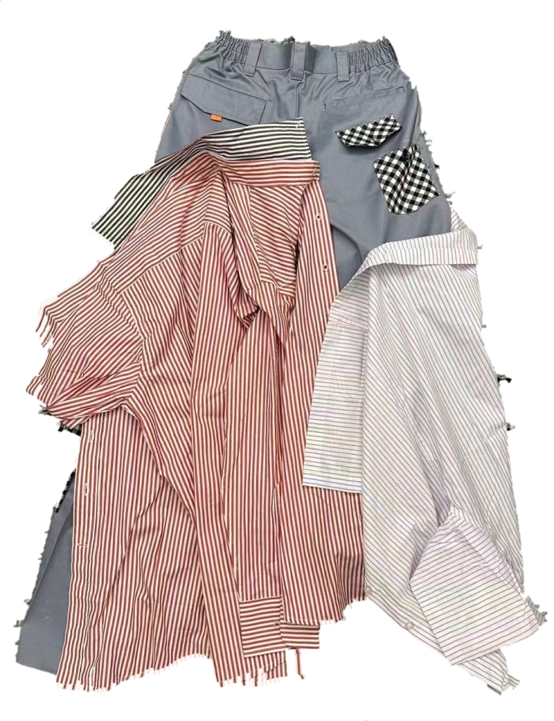 Pantalón único confeccionado a partir de camisas recicladas con estampados de rayas y cuadros en tonos neutros y vivos.