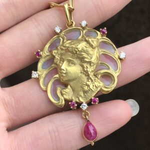 Antigua lupa plegable de oro 14k con esmalte floral, siglo XIX – 34g